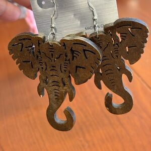 Wooden Elephant Dangle Earrings - Brown